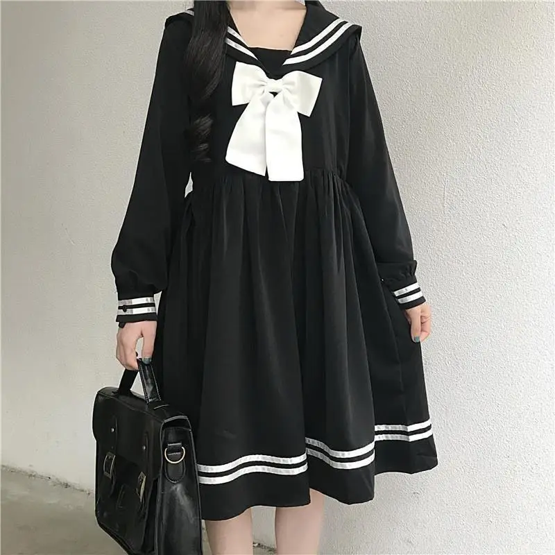 

Black Lolita Dress Women Bow Patchwork Loose Japanese Preppy Style Sailor Collar Kawaii Long Sleeve Dress Jk Girl Outfit