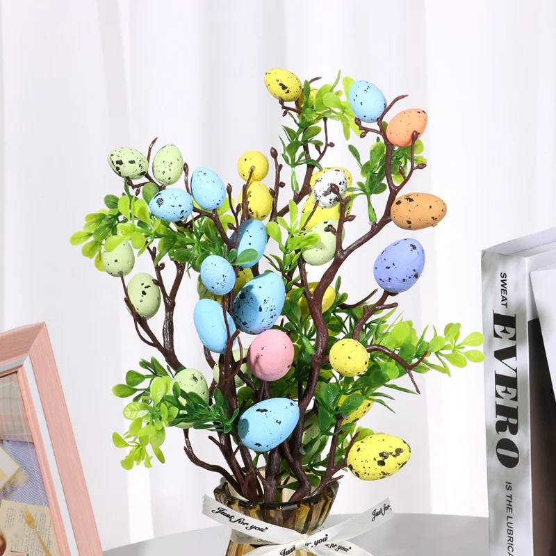 

New Easter Egg Tree Branch Foam Colourful Eggs Green Leaves Decorate Fake Plant Tree Branches Festival Party Home Vase Decor