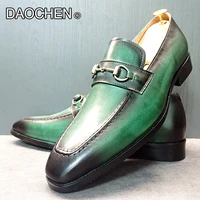 luxury brand men leather shoes green black summer horsebit loafers mens dress shoes slip on wedding office mens casual shoes