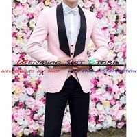 men suits pink pattern and black groom tuxedos shawl satin lapel groomsmen wedding suit wear jacketpantsvest