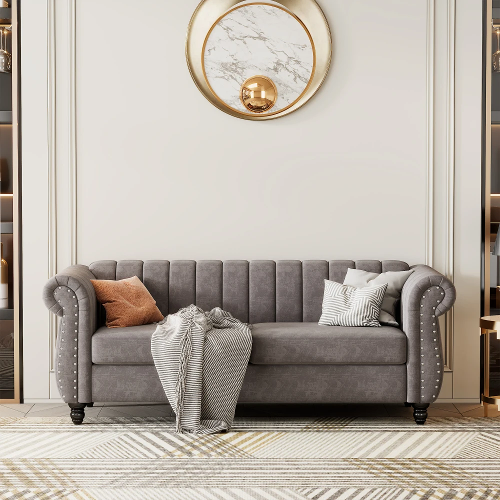 

Современный голландский мягкий диван 82,5 Дюйма с ножками из массива дерева, стеганая спинка серого цвета на пуговицах