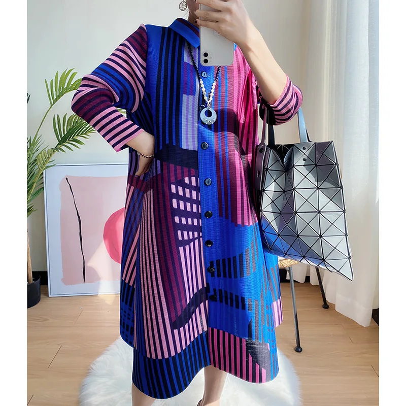 

SuperAen Printed Shirt Dress with Cropped Sleeves Oversized Fashion Dress Spring Summer Office Lady Colorful Pleated Dress