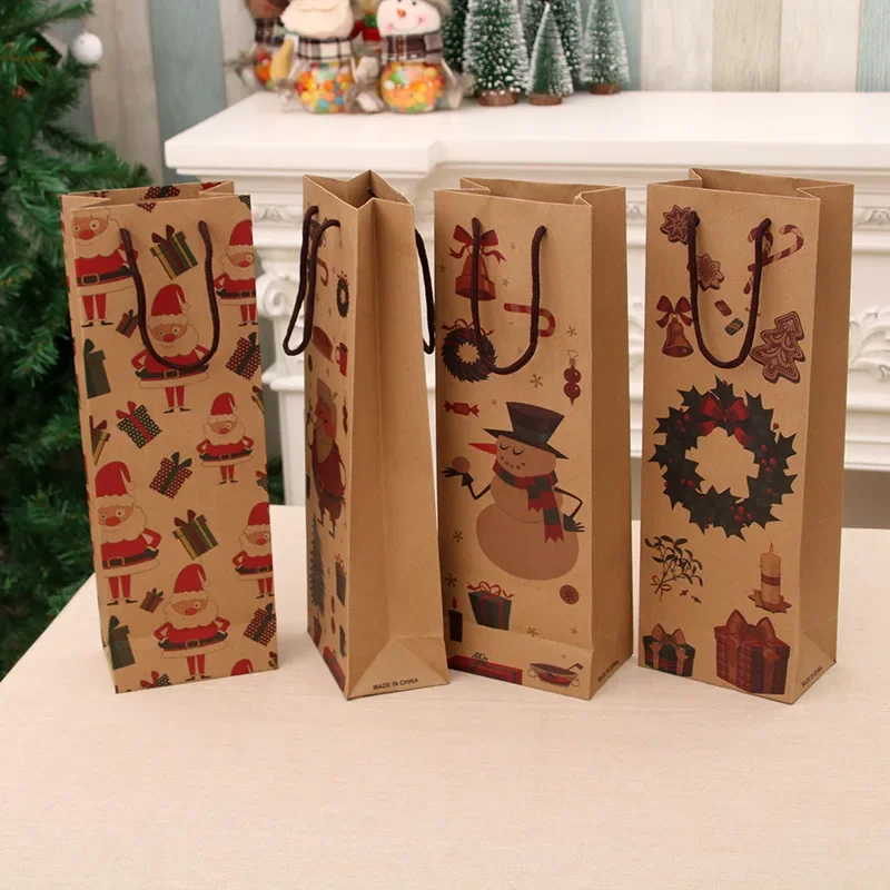 

10pcs Kraft Paper Wine Bottle Candy Cookie Bag Santa Claus Snowman Christmas Gift Packing Bags Xmas Navidad New Year Party Decor