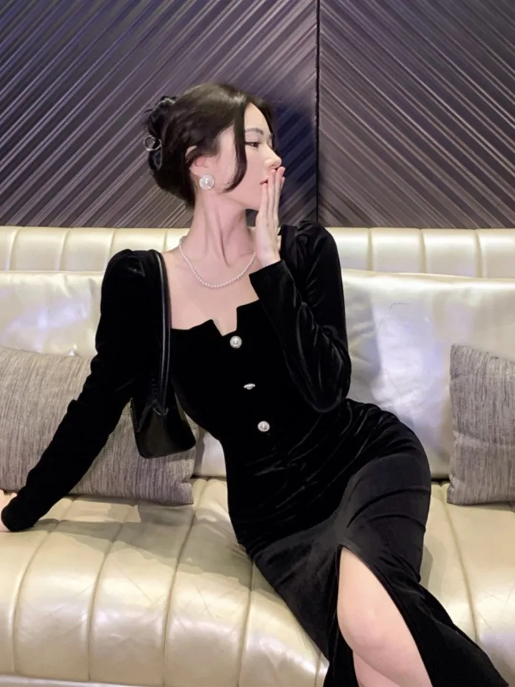 Сексуальное винтажное бархатное черное платье для женщин осеннее облегающее