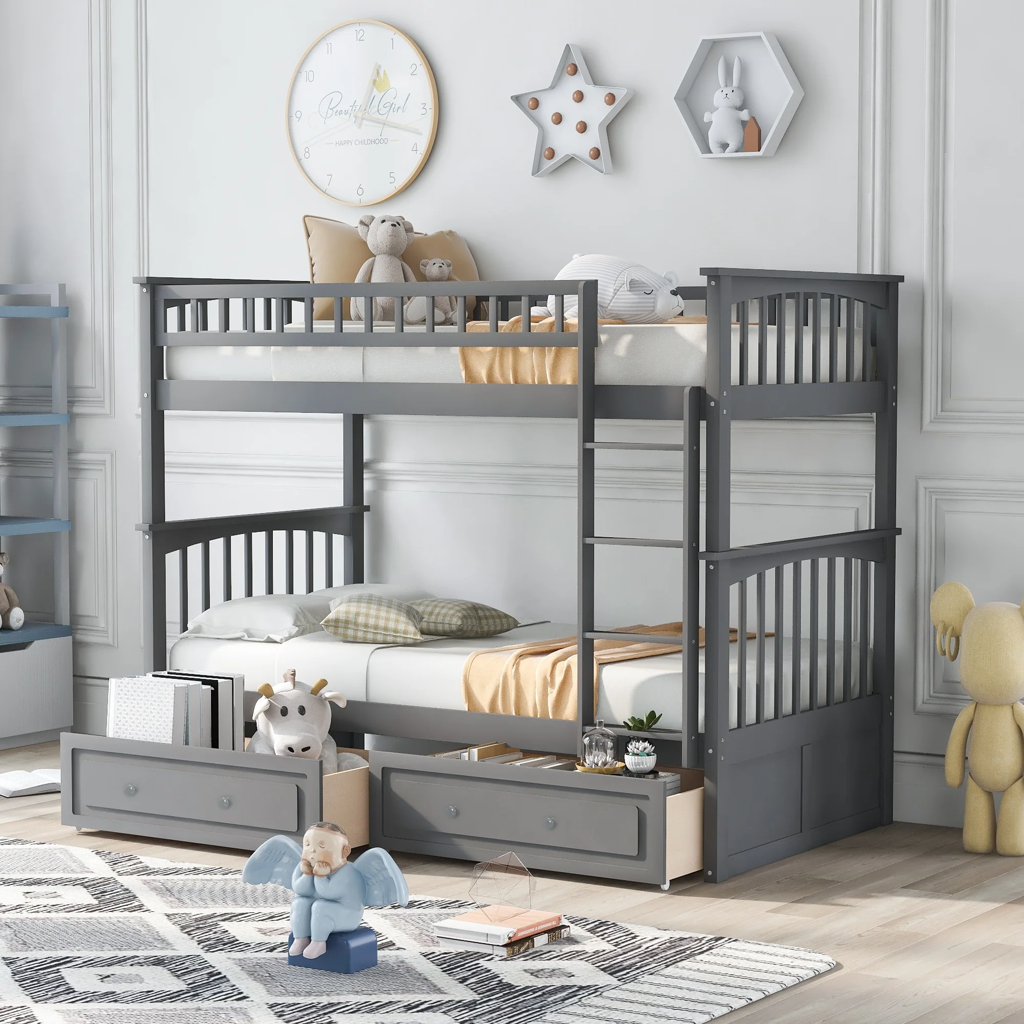 

Home Minimalist And Modern Wooden Furniture Bedroom Bed Frames Base Twin Over Twin Bunk Bed With Drawers Convertible Beds Gray