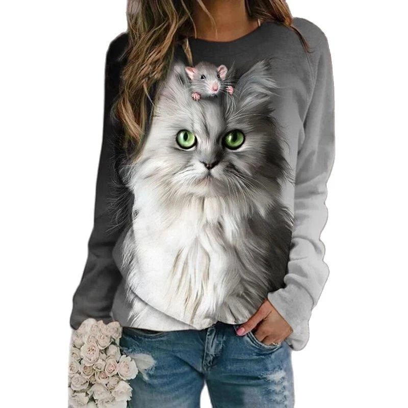 

2021 New Women Long Sleeve Tee Cute Cat Printed O-Neck Female T-Shirt Casual Loose Ladies Pullover Tee Streetwear Autumn Clothes
