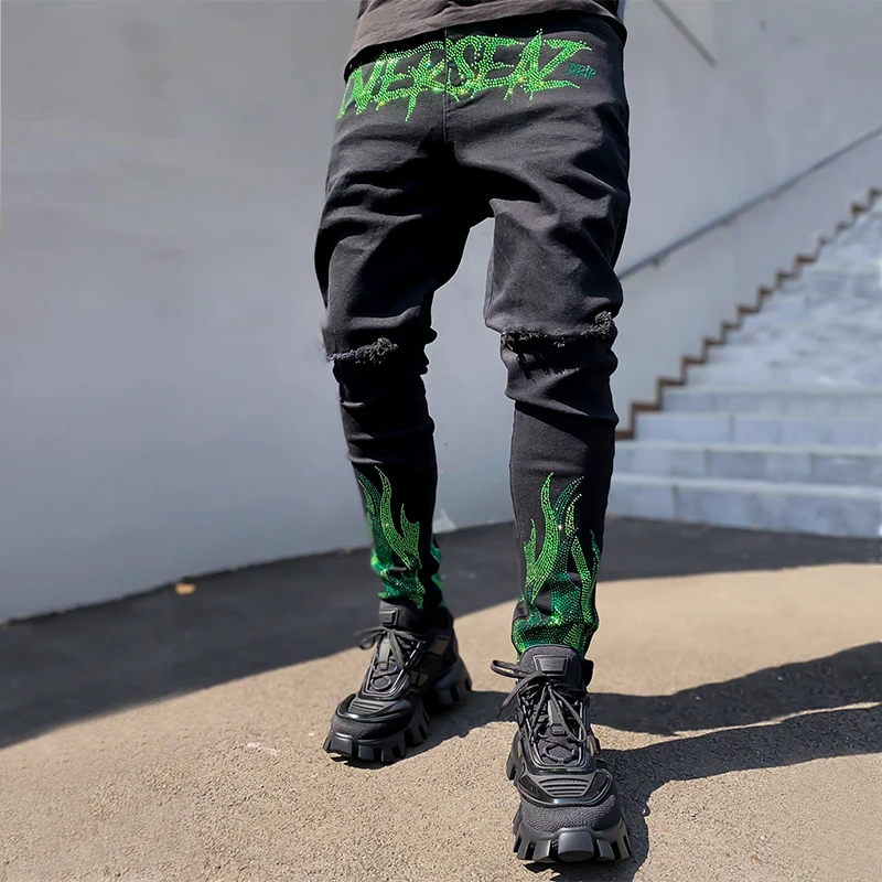 Men's Ripped Skinny Jeans Black Slim Fit Hole Pencil Pants Hot Drill Biker Trousers Streetwear High Quality Denim Man Clothing