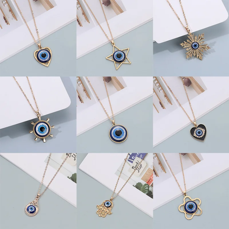 

12pc Fashion Crystal Hand Hamsa Evil Eye Necklace for Women Gold Heart Star Turkish Blue Eye Sweater Clavicle Chain Jewelry