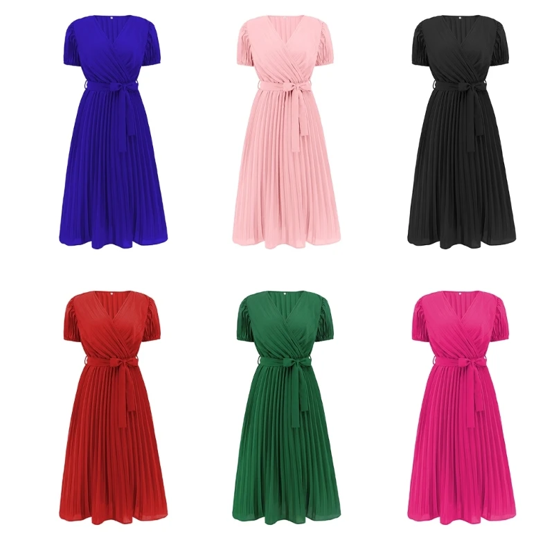 

Womens Short Sleeve Wrap V-Neck Solid Casual Belted Pleated A-Line Long Dress