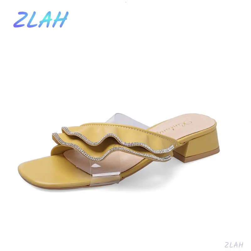 

Fashion Women's Slippers Mid-heel Slippers Zlah Women's Metal Decorative Slippers Elegant Ruffle Slippers Summer Women's Shoes