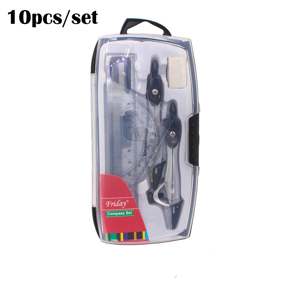 10pcs/set Metal Drawing Compasses Geometry Protractor Ruler EraserSet School Stationery Drafting Tools Office | Канцтовары для