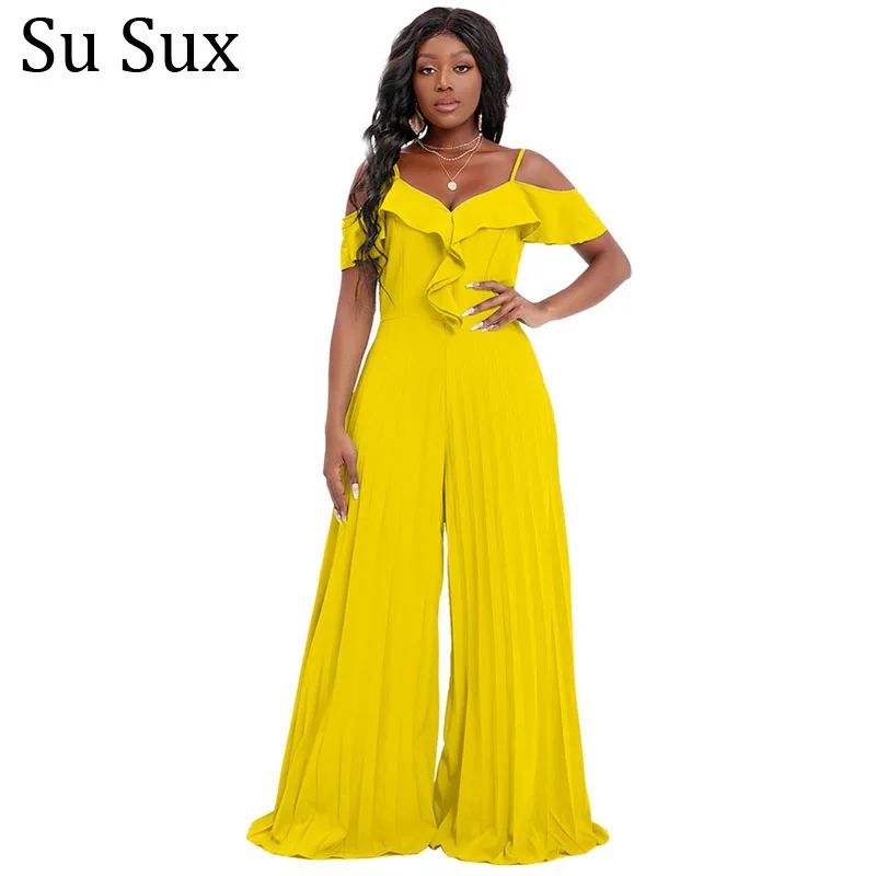 

Pleated Wide Leg Jumpsuit Women Rompers 2022 New Elegant Solid Ruffles V Neck High Waist Trousers Jumpsuit Vestidos Holiday
