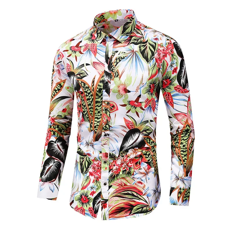 New2022 Fashion Flower Shirt Men Autumn Casual Hawaii Print Plus Size Long Sleeve Shirts Leisure Vacation Men's Clothing 7XL