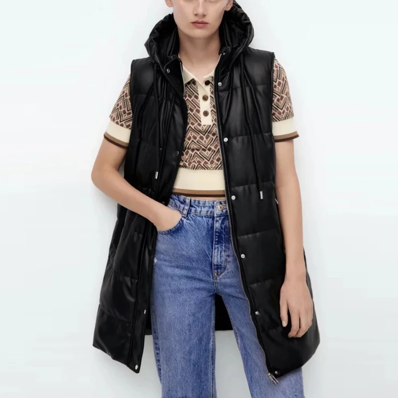 

Черный меховой кожаный жилет, женский жилет с капюшоном, Зимняя Толстая теплая куртка из искусственной кожи, повседневное зимнее пальто на молнии, 2023