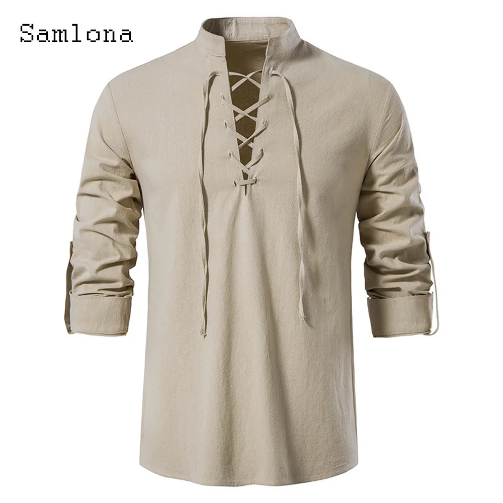 Men Long Sleeves Bandage Tops clothing 2023 harajuku Vintage Linen Shirts Blouse Plus Size Mens Casual Solid Pullovers Hommes