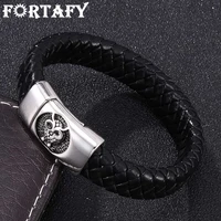 fortafy men jewelry retro black braided leather bracelet handmade stainless steel magnetic clasp owl bracelets bangles fr0262