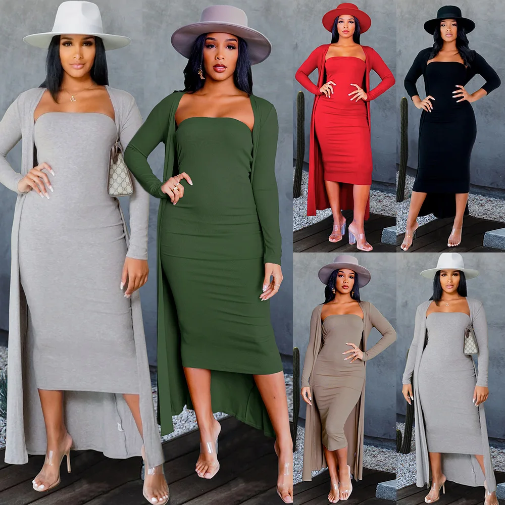 

Sexy Autumn 2 Piece Set Women Coat Dress Sets Solid Color Loungewear Coat Dresses Set for Home Wear