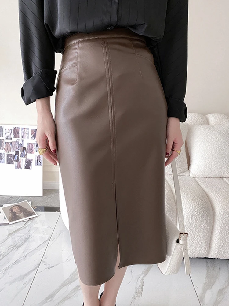 

2022 Fashion Spring Autumn Women PU Leather Skirts High Waist Pockets Package Hip Female Front Split Zipper Midi A-Line Skirt