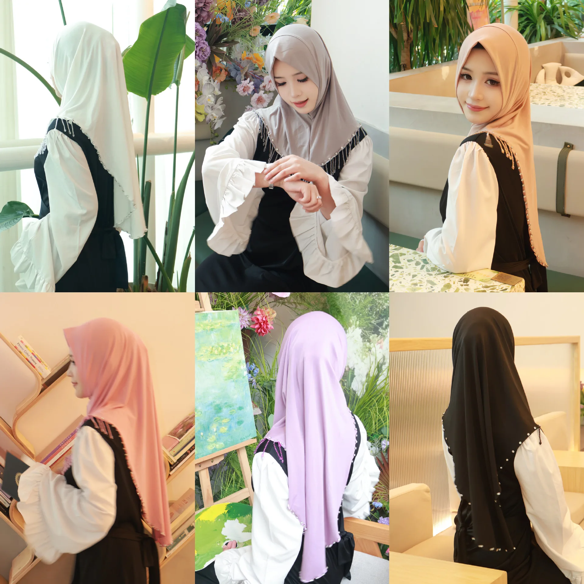 Мусульманский хиджаб с кисточками однотонный из бисера арабский женский