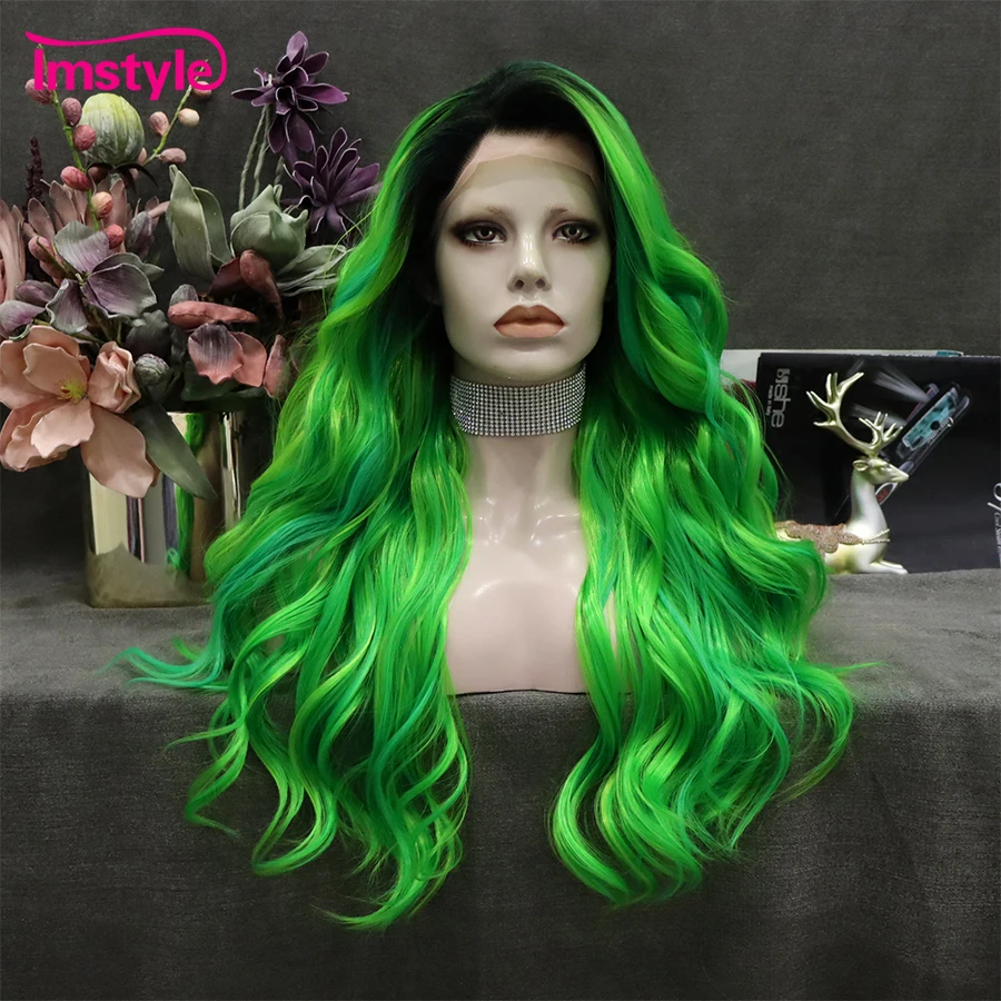 

Imstyle Green Wig Ombre Synthetic Lace Front Wig Heat Resistant Fiber Natural Wavy Wig Dark Root Long Wigs For Women Cosplay Wig
