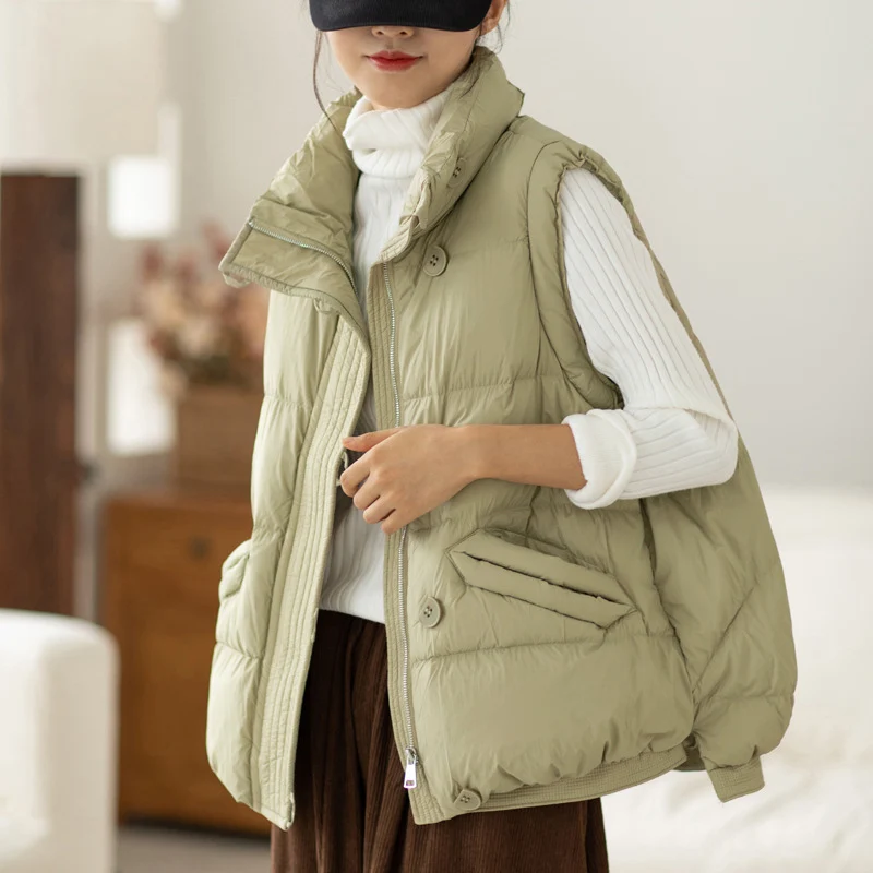 

Women Vintage White Duck Down Vest Sleeveless Jacket Thick Waistcoat Gilet Stand Collar Fashion Warm Top