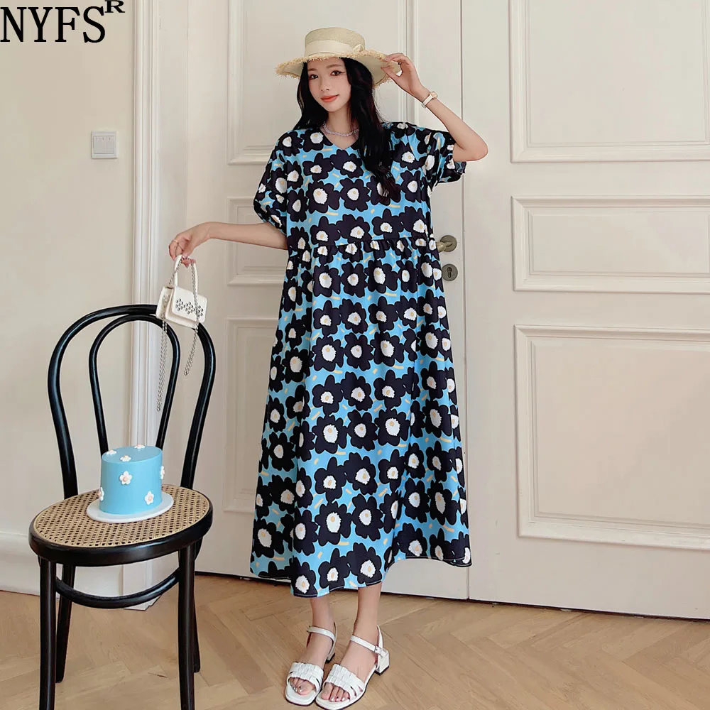 

NYFS 2022 Summer New Korea Woman Dress Vestidos Robe Elbise Polyester Printing Loose Plus Size Short Sleeve Long Dresses