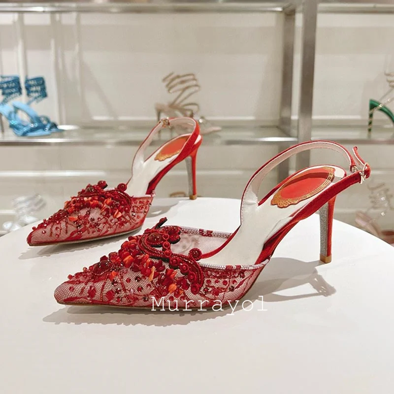 Новые кружевные марлевые босоножки с острым носком на тонком каблуке женские