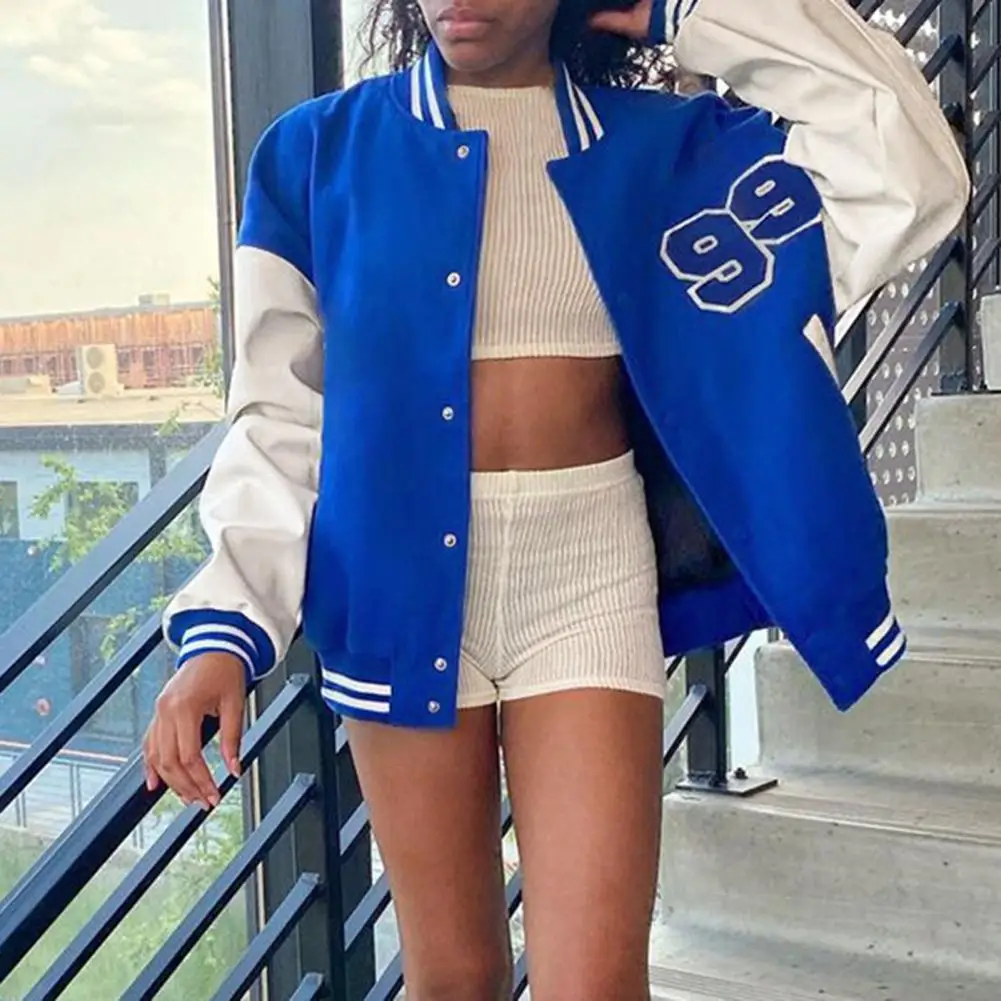 

Streetwear Trendy Stand Collar Baseball Uniform Color Matching Women Spring Coat Number Pattern for Daily Wear