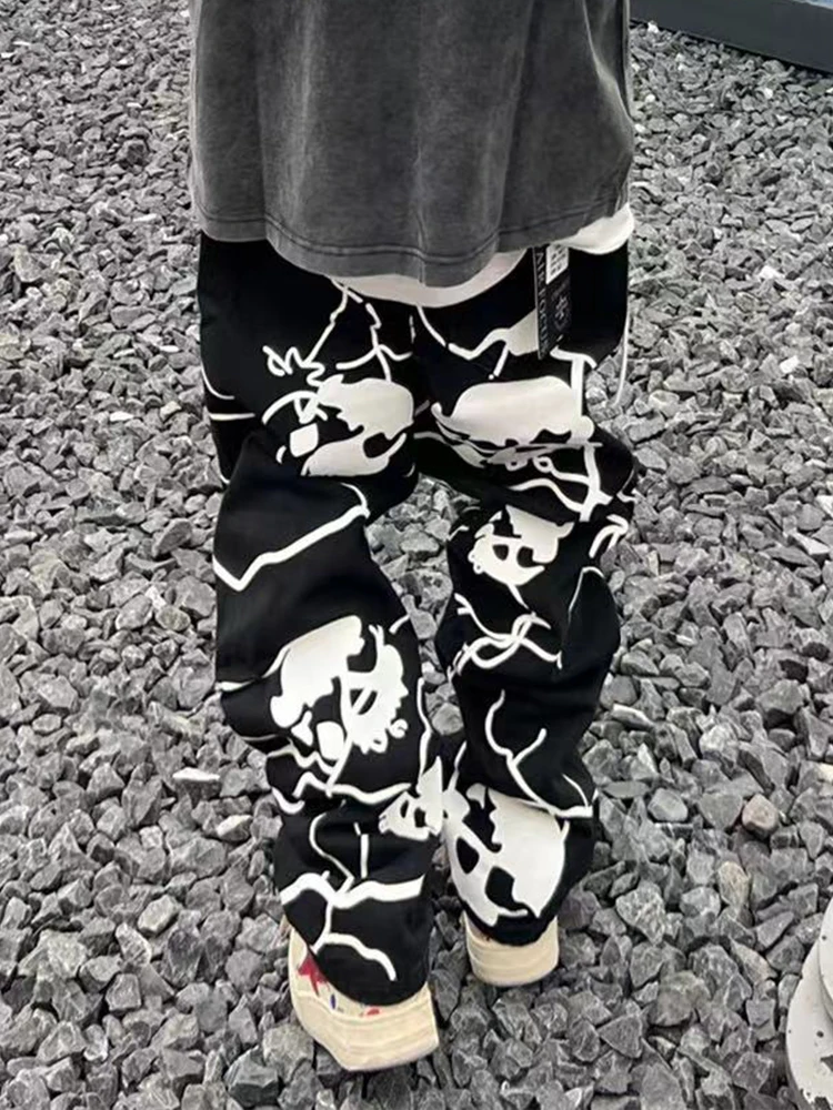 Black Loose Wide Leg Wash Print Jeans Lightning Print Personality Versatile Hiphop Casual High Street Straight Mop Menswear