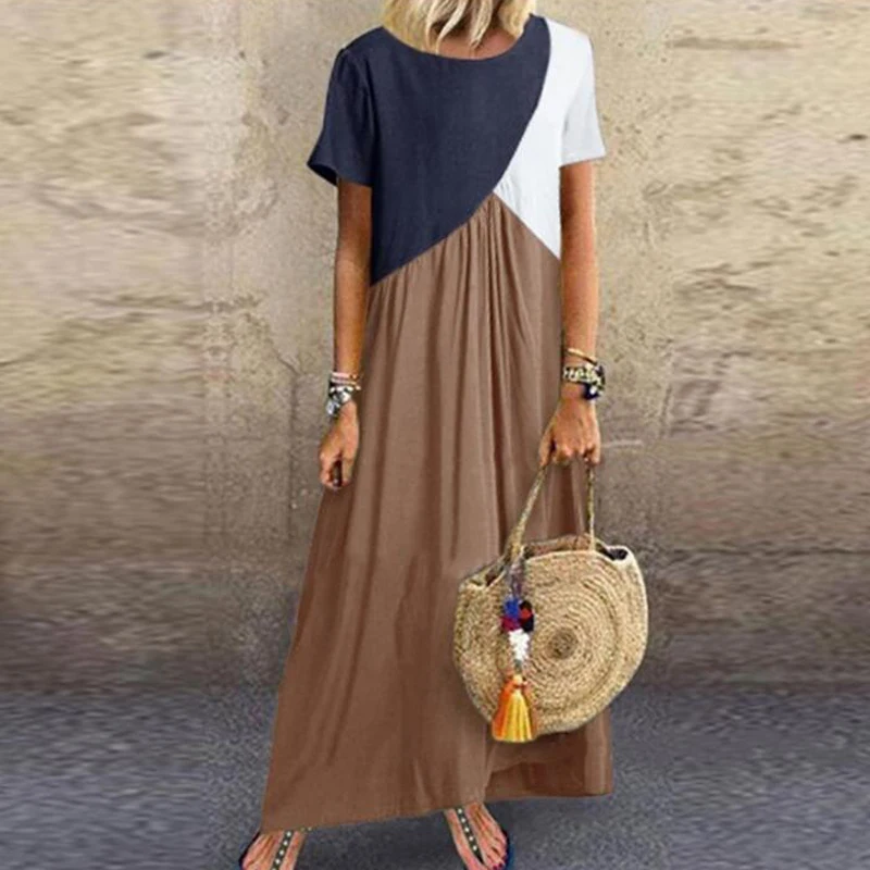 

Women Maxi Dresses Female 2021 Summer Casual Long Dress Short Sleeve Patchwork Color Ladies Sundress Loose Femme Vestidos