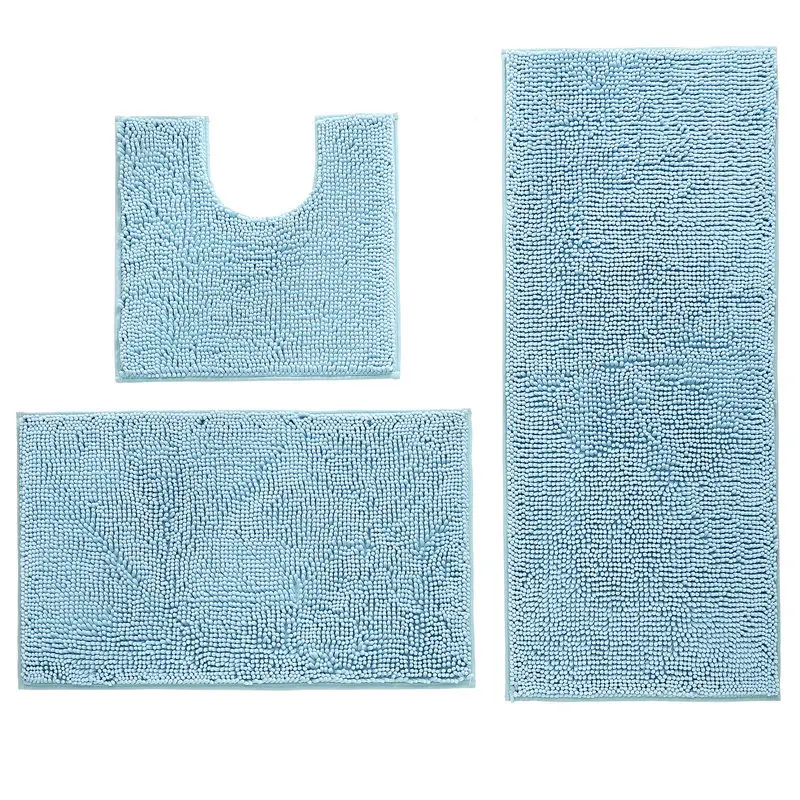 

3Pcs Bathroom Rug Set Non Slip Chenille Bath Rugs Washable Absorbent Plush Shaggy Bath Mats for Tub Toilet Shower-Blue