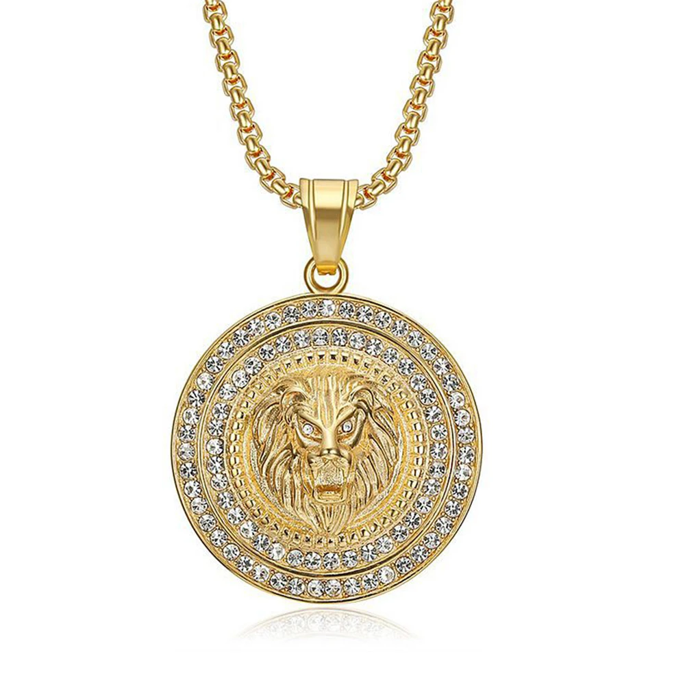

Hip Hop Iced Out CZ Lion Head Pendant Male Gold Color Stainless Steel Round Animal Necklace For Men Jewelry Dropshipping