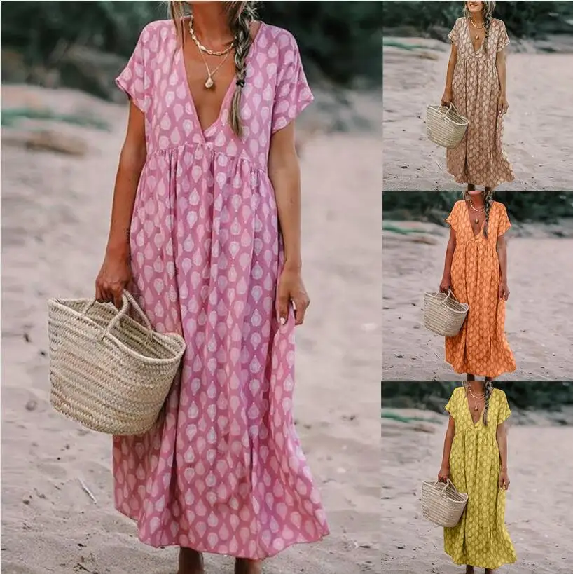 

dresses for women 2022 Summer Print V-Neck Swing Loose Waist chic and Elegant evening Party Female long Dress Woman clothes