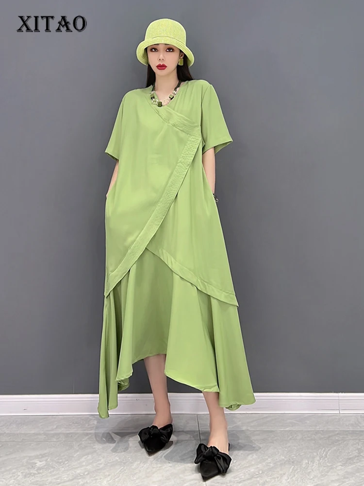 

XITAO Solid Asymmetrical Dress Women Korea 2022 Summer New Arrival Personality Fashion Loose V-neck Short Sleeve Dress WMD5611