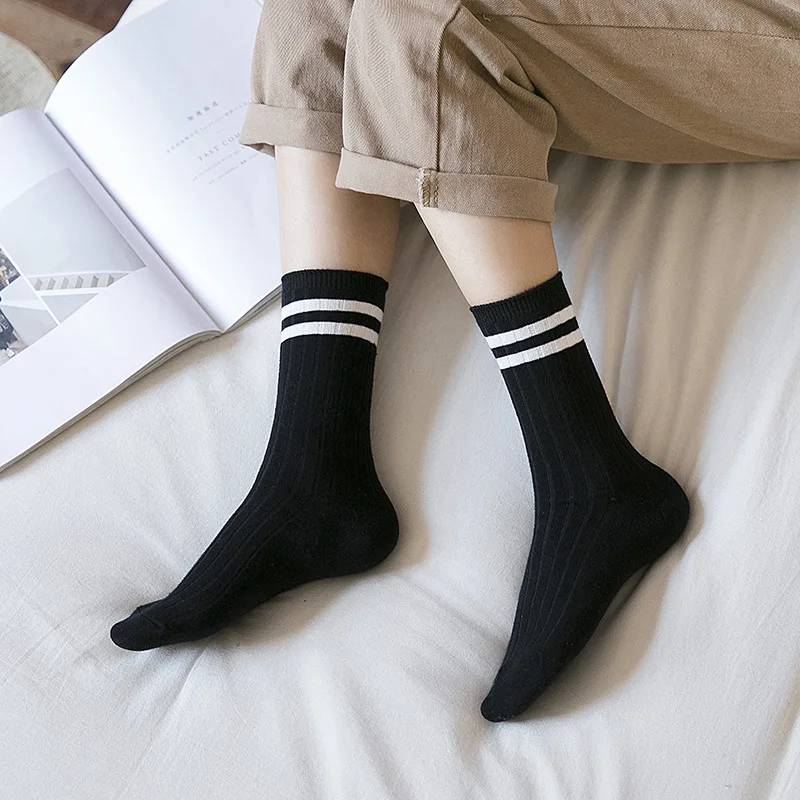 High School Girls Harajuku Socks Solid Colors Needles Knitting Striped Cotton Socks Women Yellow Blue Black