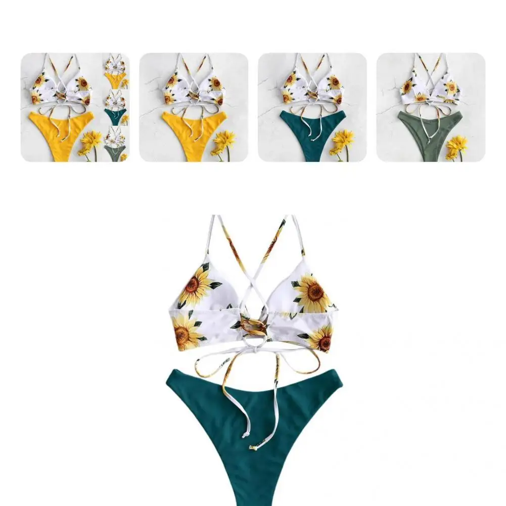 

2Pcs/Set Quality Swimwear Slim Fit Adjustable Tightness Swimsuit Sunflower Print Swimwear