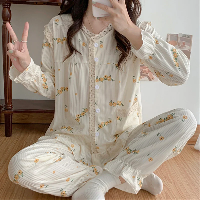 Lace Homewear Pajamas Set Women Sweet Princess Flower Print Full-Sleeve Fashion Soft Comfortable Pyjamas Clothes Big Size
