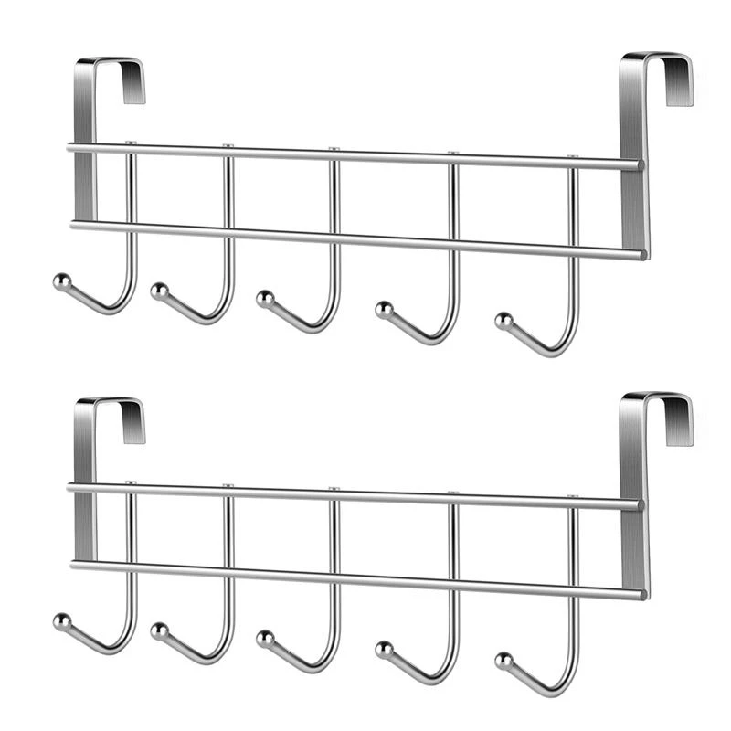 

2X Over the Door 5 Hooks Home Bathroom Organizer Rack Clothes Coat Hat Towel Hanger Stainless Steel Good Load-Bearing