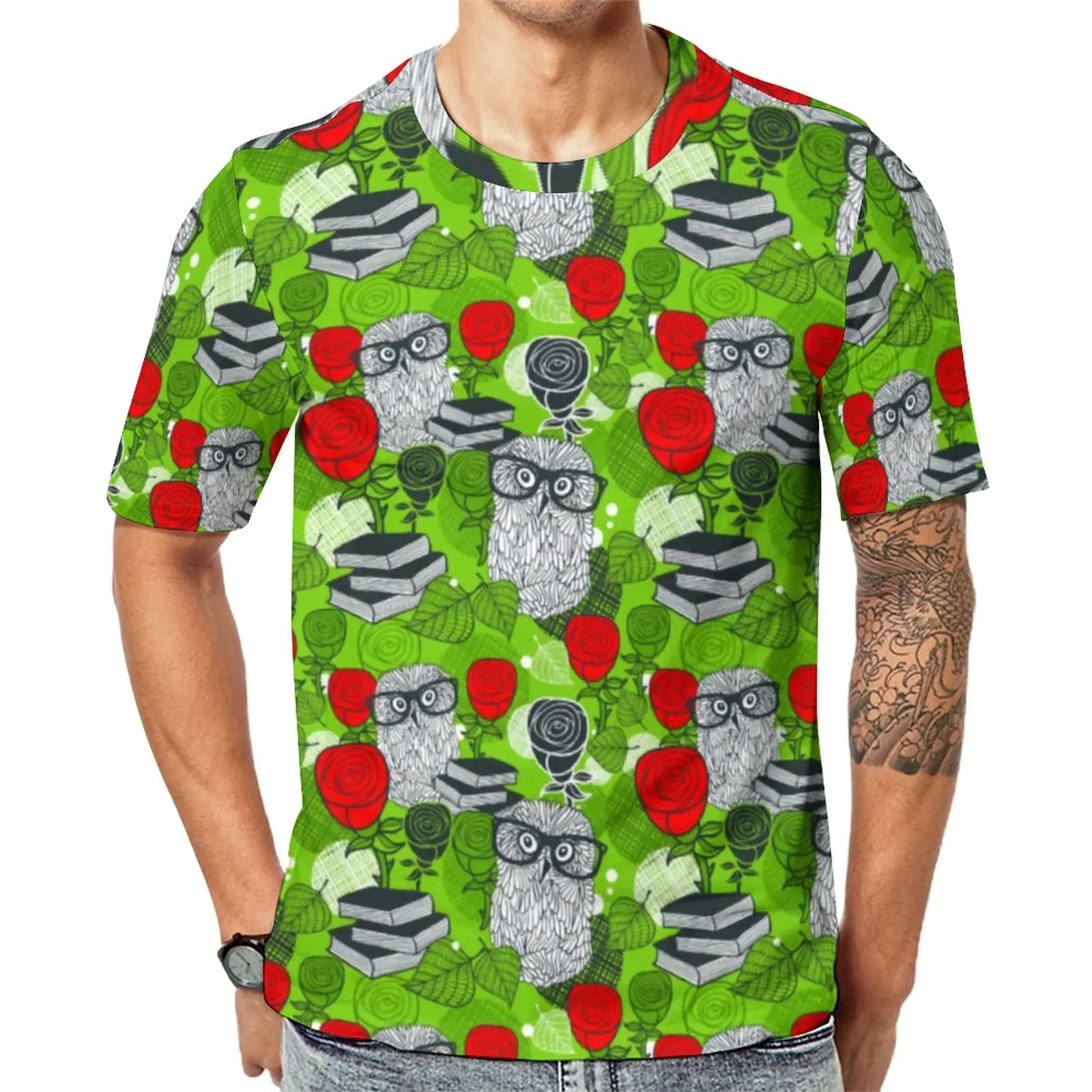

Cute Owl T Shirt Man Red Roses Print Streetwear T Shirts Original Harajuku Tees Short-Sleeve Pattern Oversize Tops