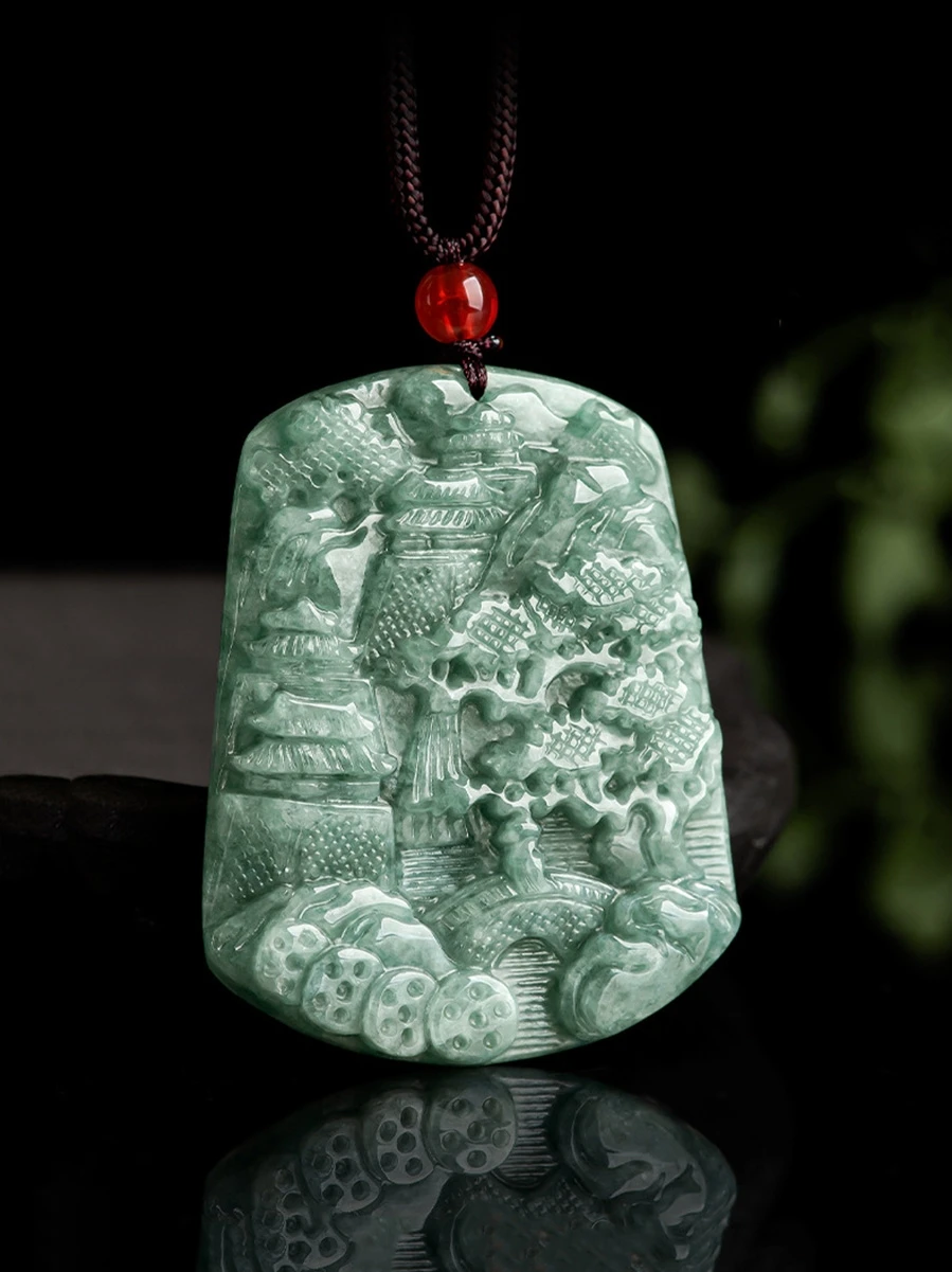Cuing Fu Genuine Natural a Goods Jade Bean Landscape Brand Pendant Men's and Women's Ss04