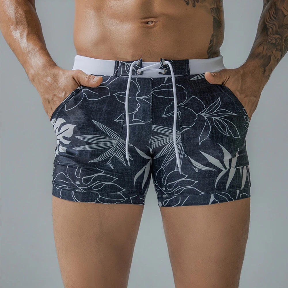 

Men\\'s Vintage Printed Nylon Pocket Liner Tight Sexy Boxer Shorts