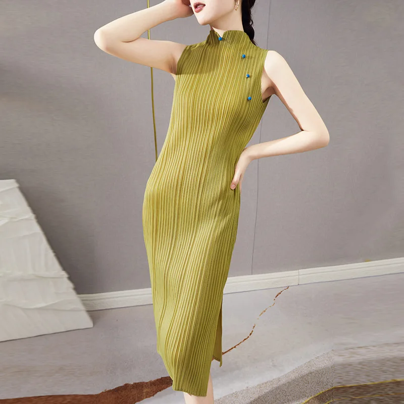 Dress Summer For Women 45-75KG 2022 Stand Collar Sleeveless  Stretchable Miyake Pleated Split Vintage Improved Cheongsam Dresses