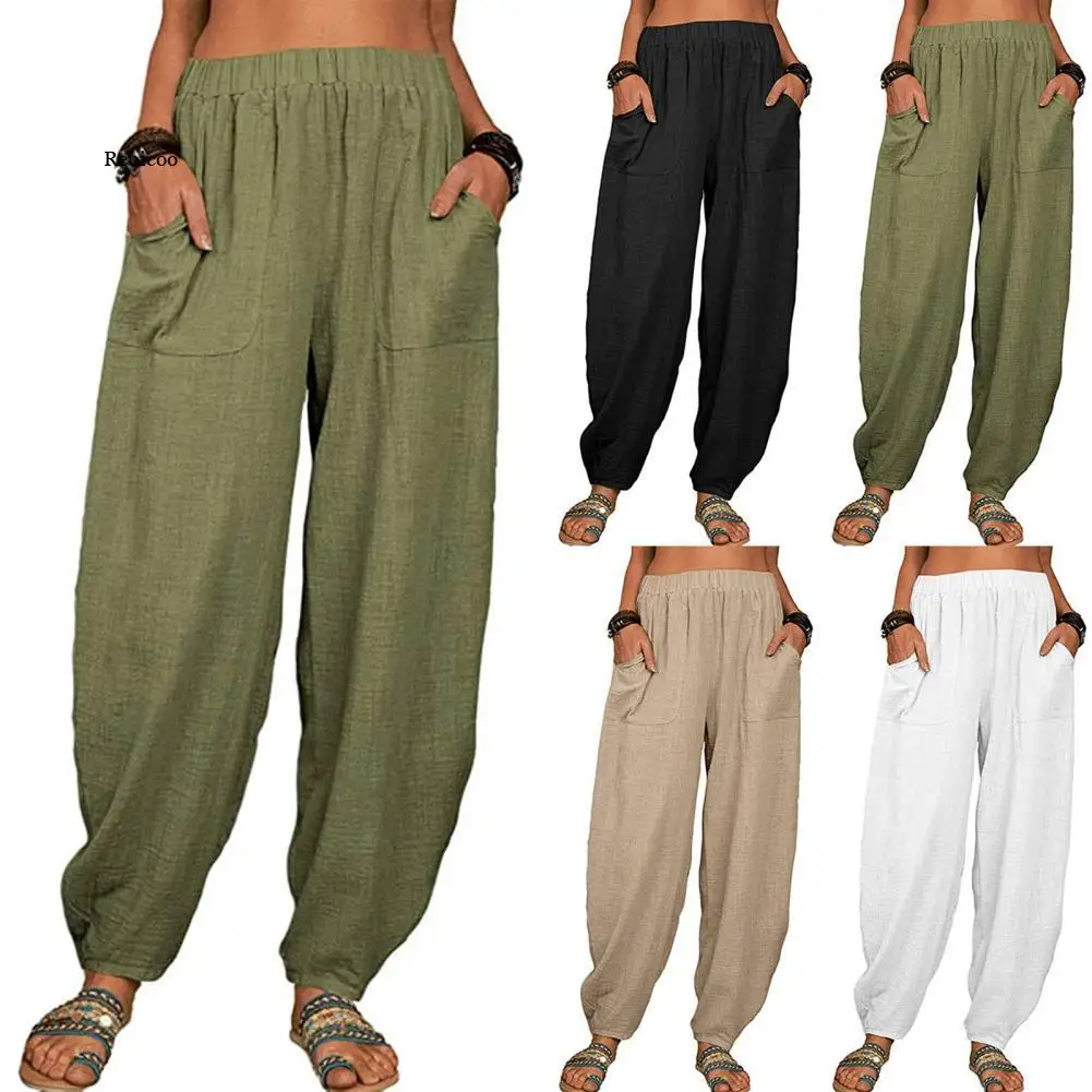 Harem Pants Solid Color Pockets Summer Temperament Loose-fitting Pants for Beach