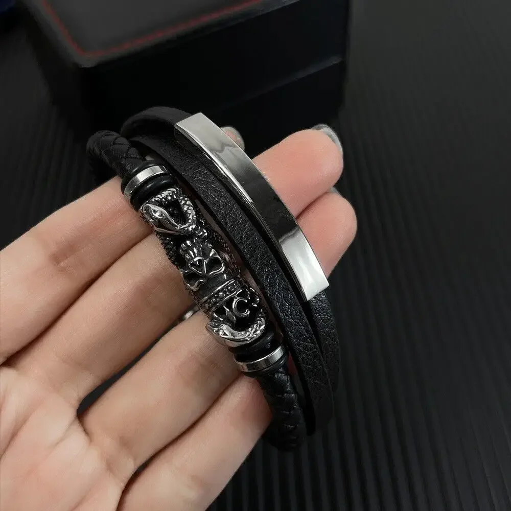 Многослойный кожаный Браслет-манжета CHUANGCHENG с змеиным черепом из нержавеющей