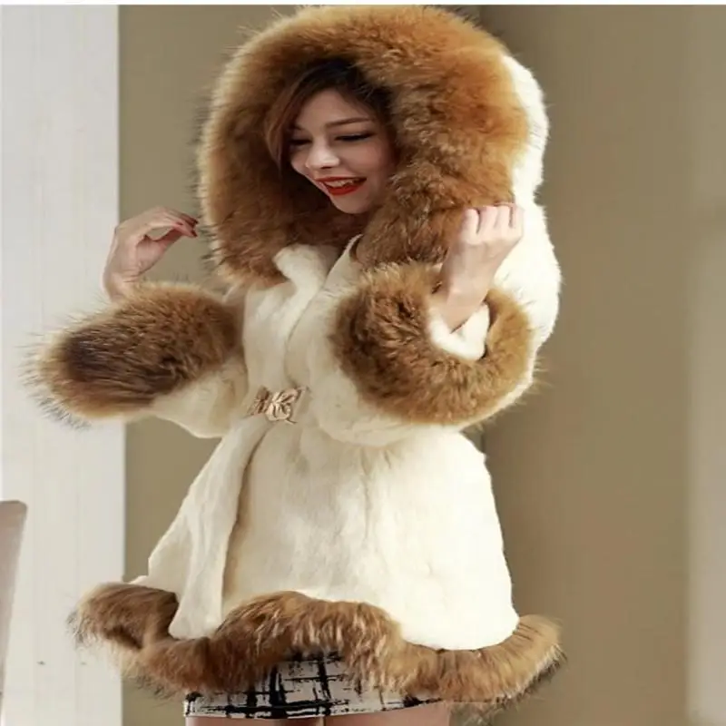 Women's Leather Fur Coat Autumn and Winter Faux Fur Coat Women's Mid-Length Hooded Fox Fur Collar Mink Fur Coat Faux Fur Coat