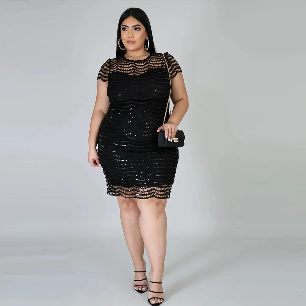 Plus Size Women's Sequin Mesh Splicing Knee Length Skirt Commuting Autumn And Winter Bottomed Round Neck Sexy And Large Dress 