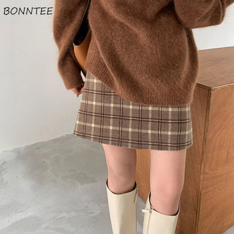 

Skirts Women Retro Plaid Ulzzang Fashionable Schoolgirls Woolen Autumn Empire Tender Mini Faldas Popular Design A-line Femme Ins