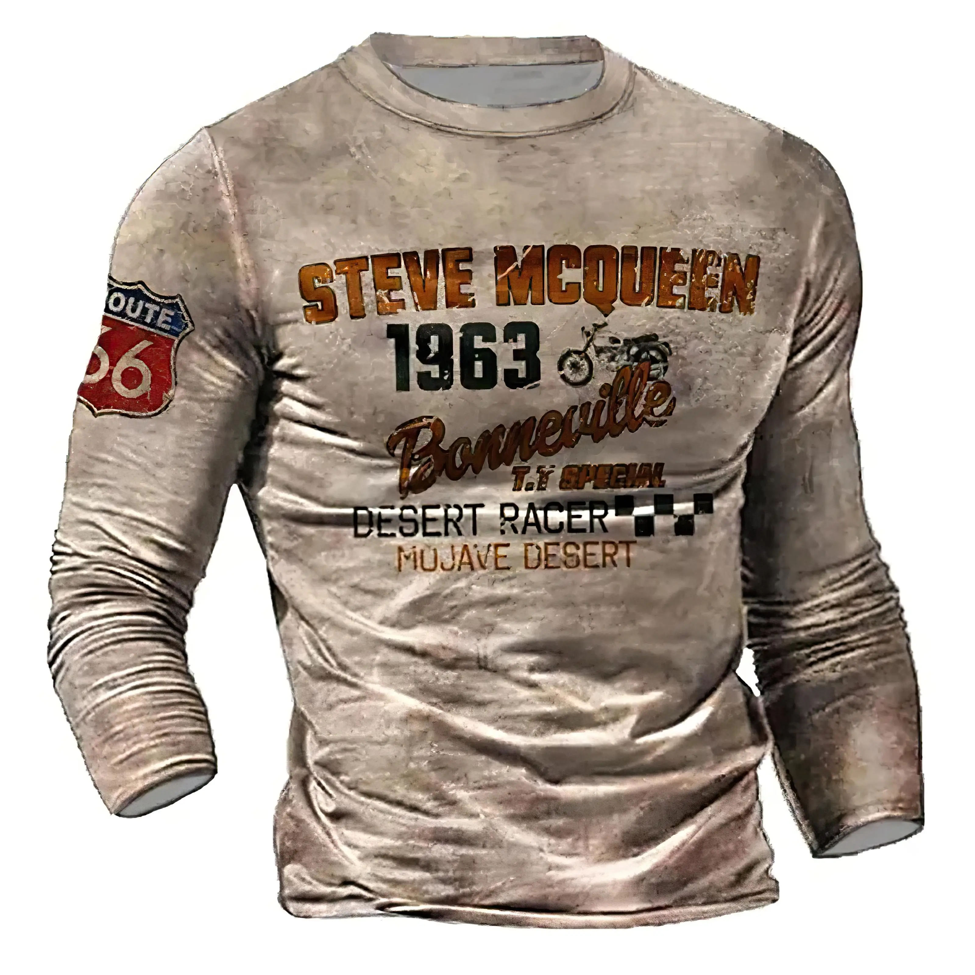 

Vintage O-neck Men's T-shirt Oversized Loose Cotton Long Sleeve Male Clothing Road 66 Printed T Shirt For Men Streetwear Top Tee