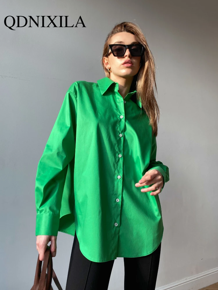 Women's Shirt Blouse Elegant Spring Autumn Green Basic Top Collar Long Sleeve Beautiful Blouses Vintage Button Up Shirt Shirts
