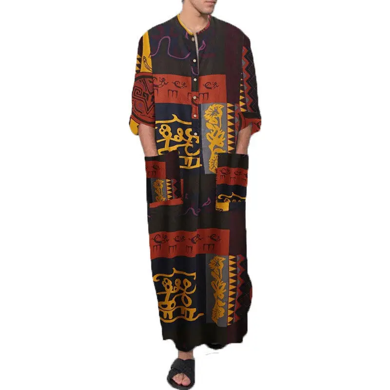 YUFEIDA Muslim Men Jubba Thobe Stripe Kimono Middle Robe Saudi Musulman Long Shirt Islamic Arabic Kaftan Men Abaya  Striped Robe